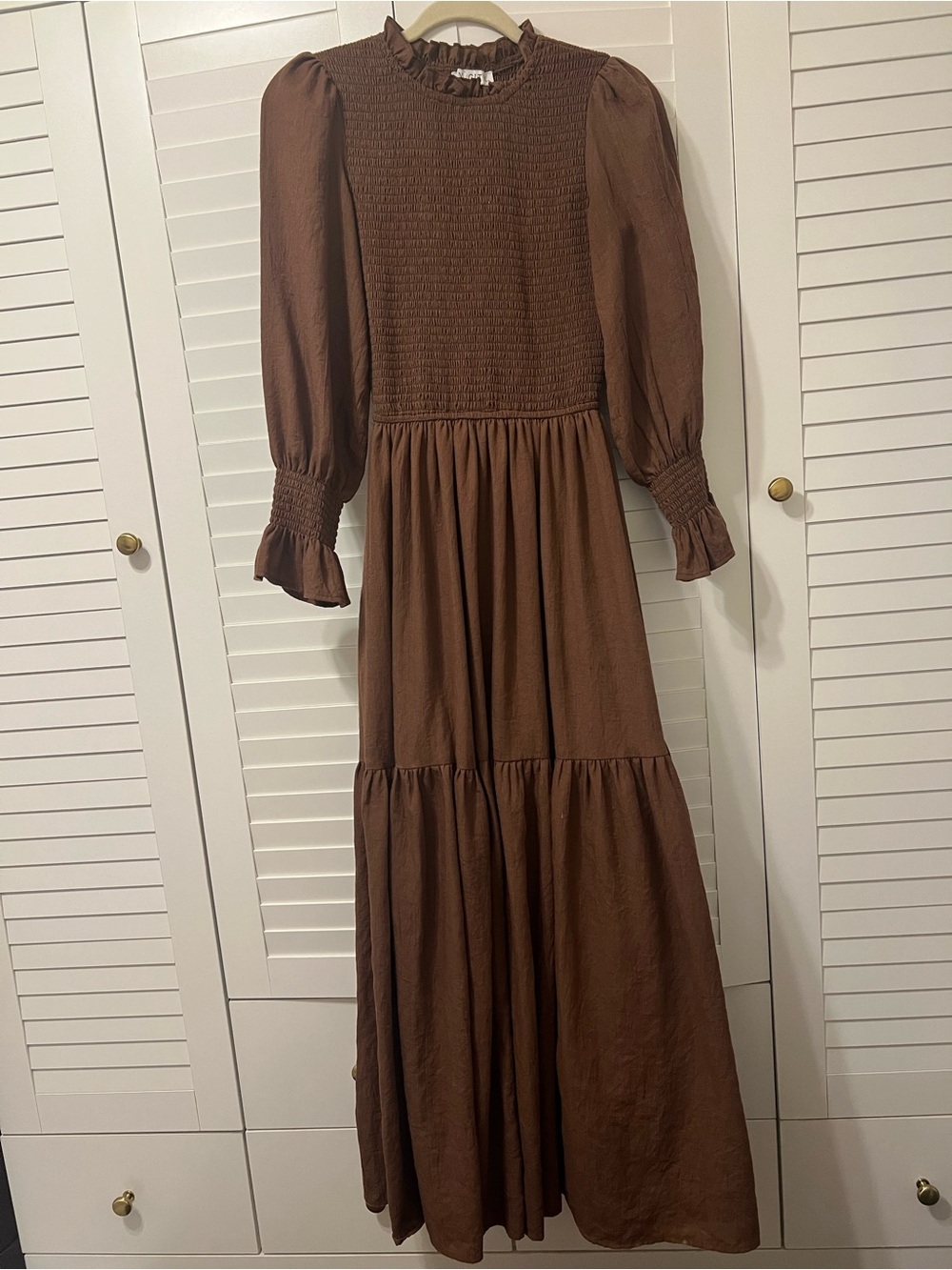 Ivy City Co Brown Smocked Maxi Dress with Puff Sleeves